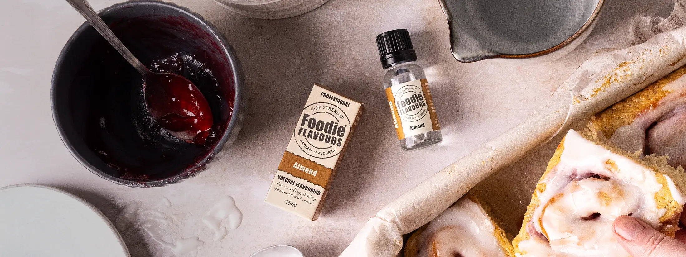 Foodie Flavours Almond Natural Flavouring bottle, almond flavoured cinnamon rolls