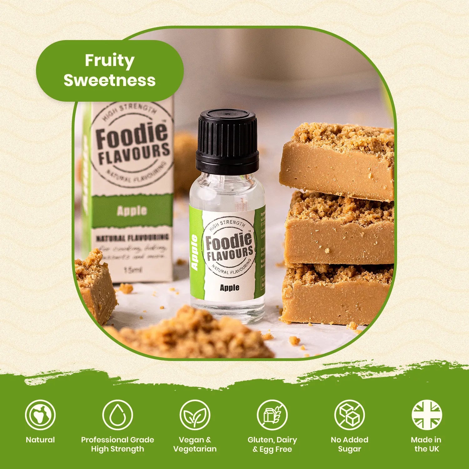 Apple natural flavouring. Fruity sweetness, natural, professional strength, vegan & vegetarian, free-from, no added sugar, made in the UK.