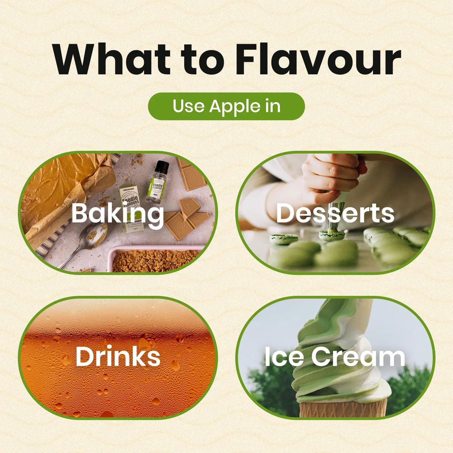 Use apple flavouring in Baking, Desserts, Drinks, Ice cream