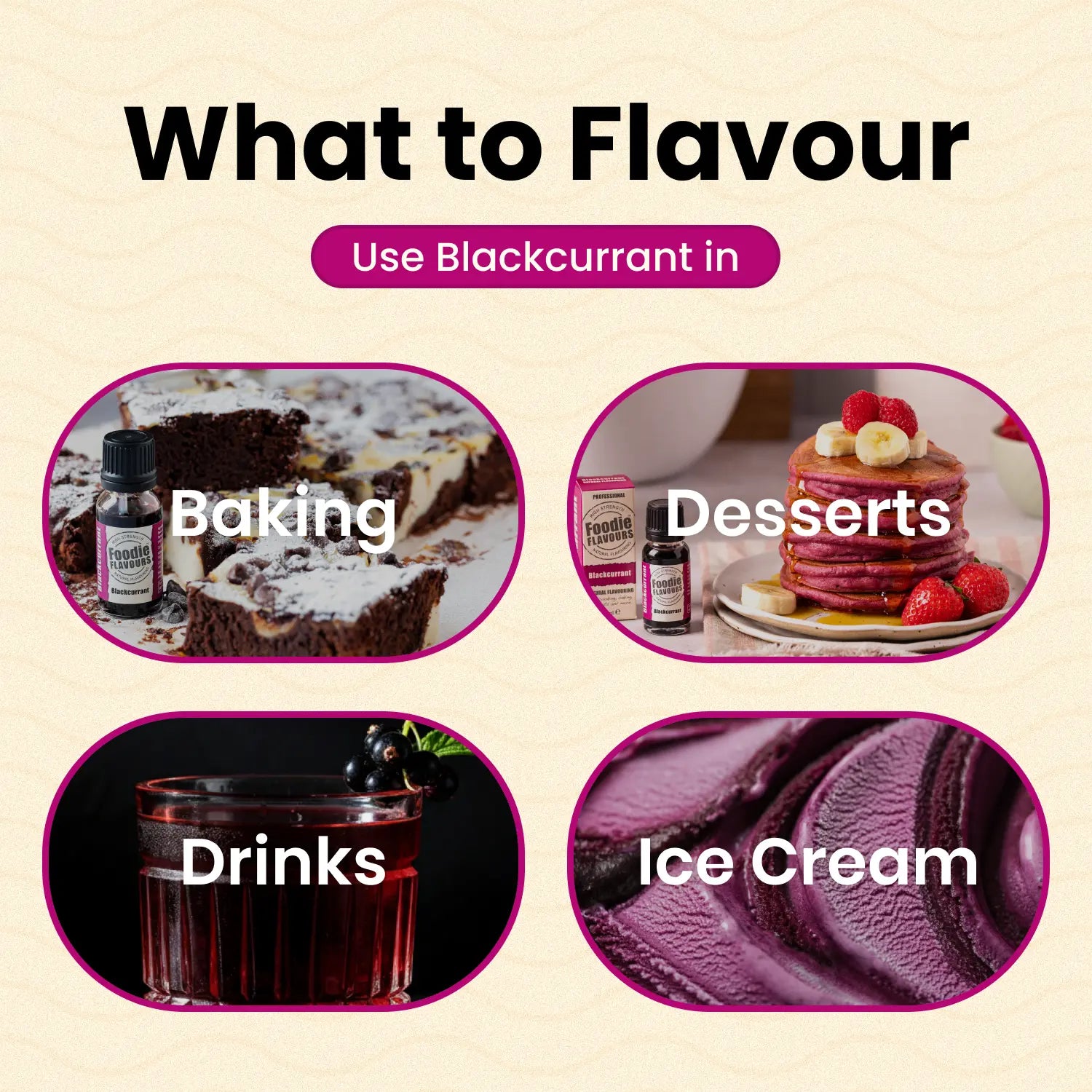 what to flavour with natural blackcurrant flavouring. Bakes, desserts, drinks, ice cream