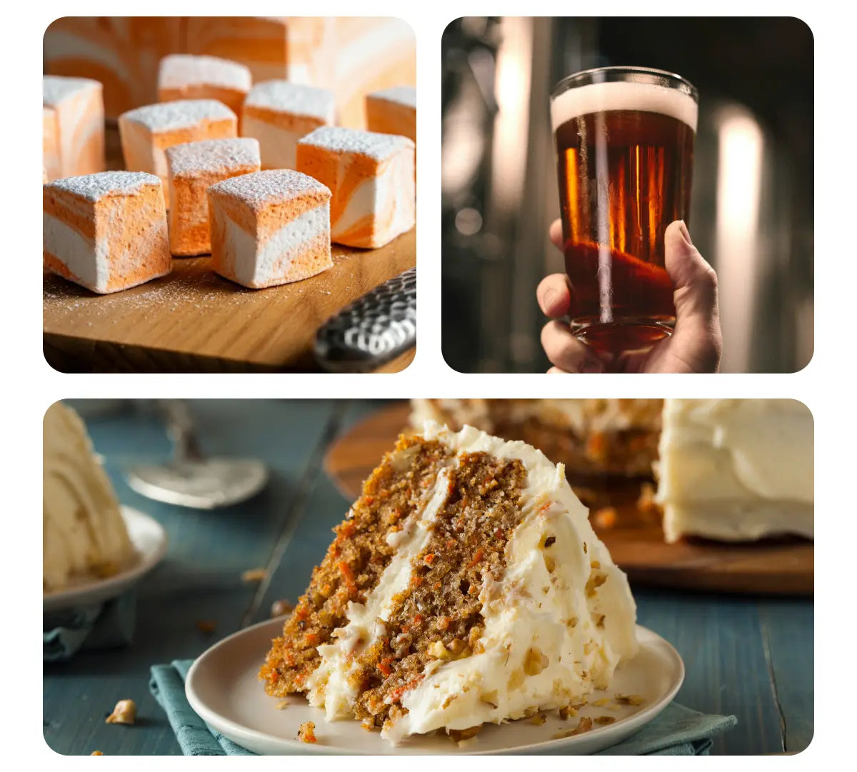 Carrot cake flavoured marshmallows, carrot cake flavoured beer, slice of carrot cake
