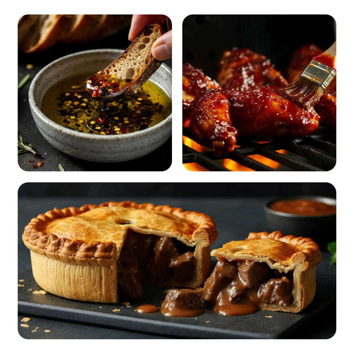 Collage of three food images: dipping bread into chorizo infused oil, adding chorizo marinade to grilling chicken wings, and a beef and chorizo meat pie with a slice cut out.