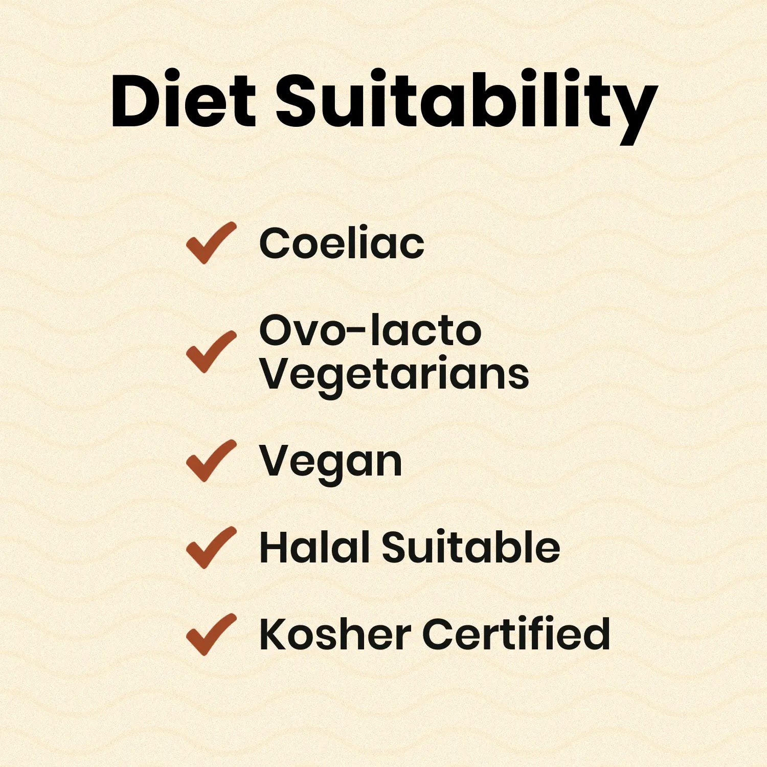 List of diet suitability categories which apply to coffee flavouring with checkmarks on a beige background