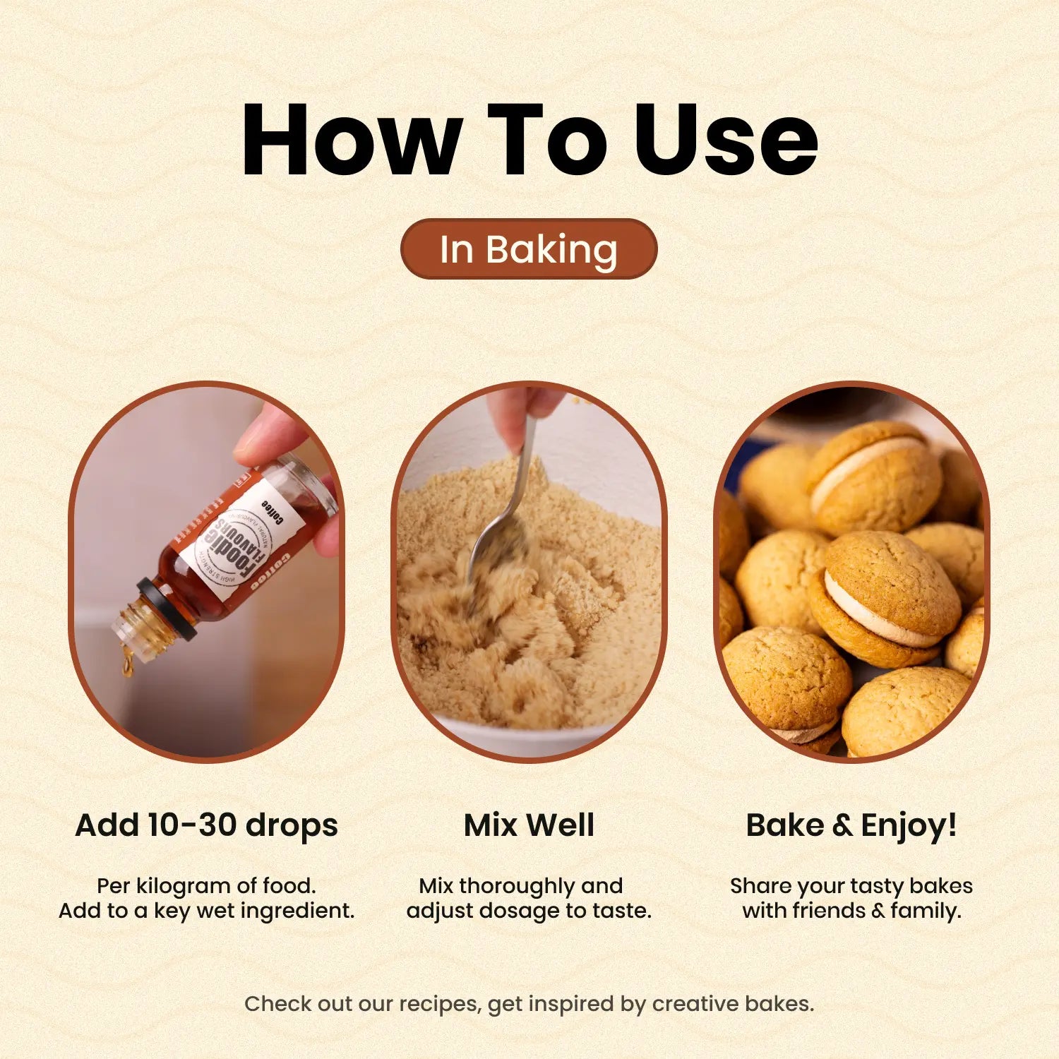 Instructions on how to use coffee natural flavouring in baking with images and text.