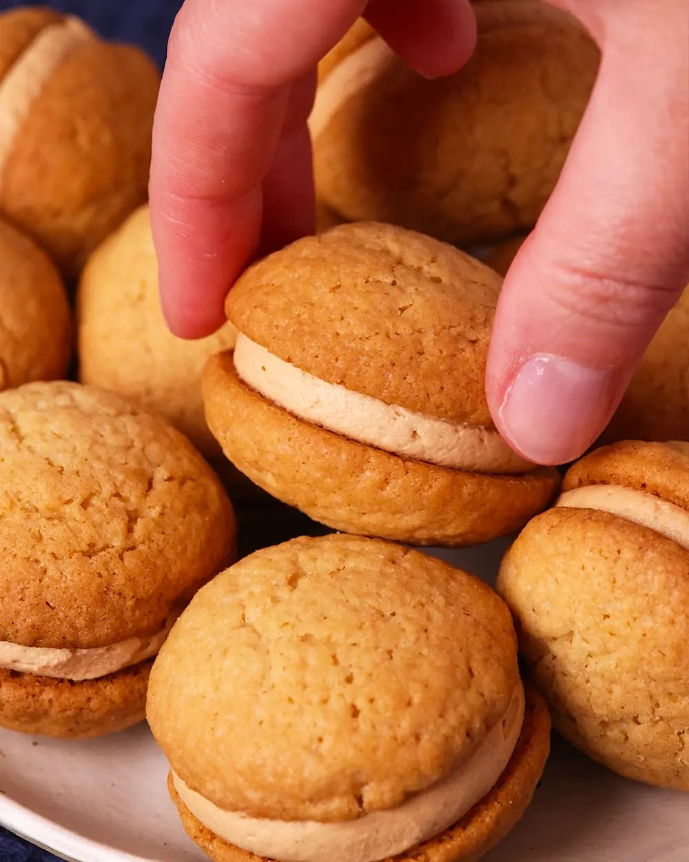 Hand picking a coffee kiss sandwich cookie from a pile of similar cookies.