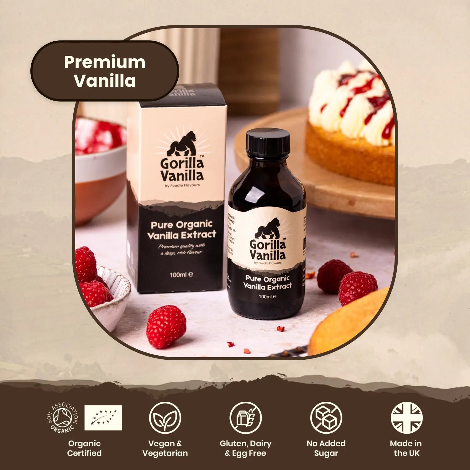 Gorilla Vanilla Features: premium vanilla, organic certified, vegan, vegetarian, gluten, dairy and egg free, no added sugar, made in the uk.