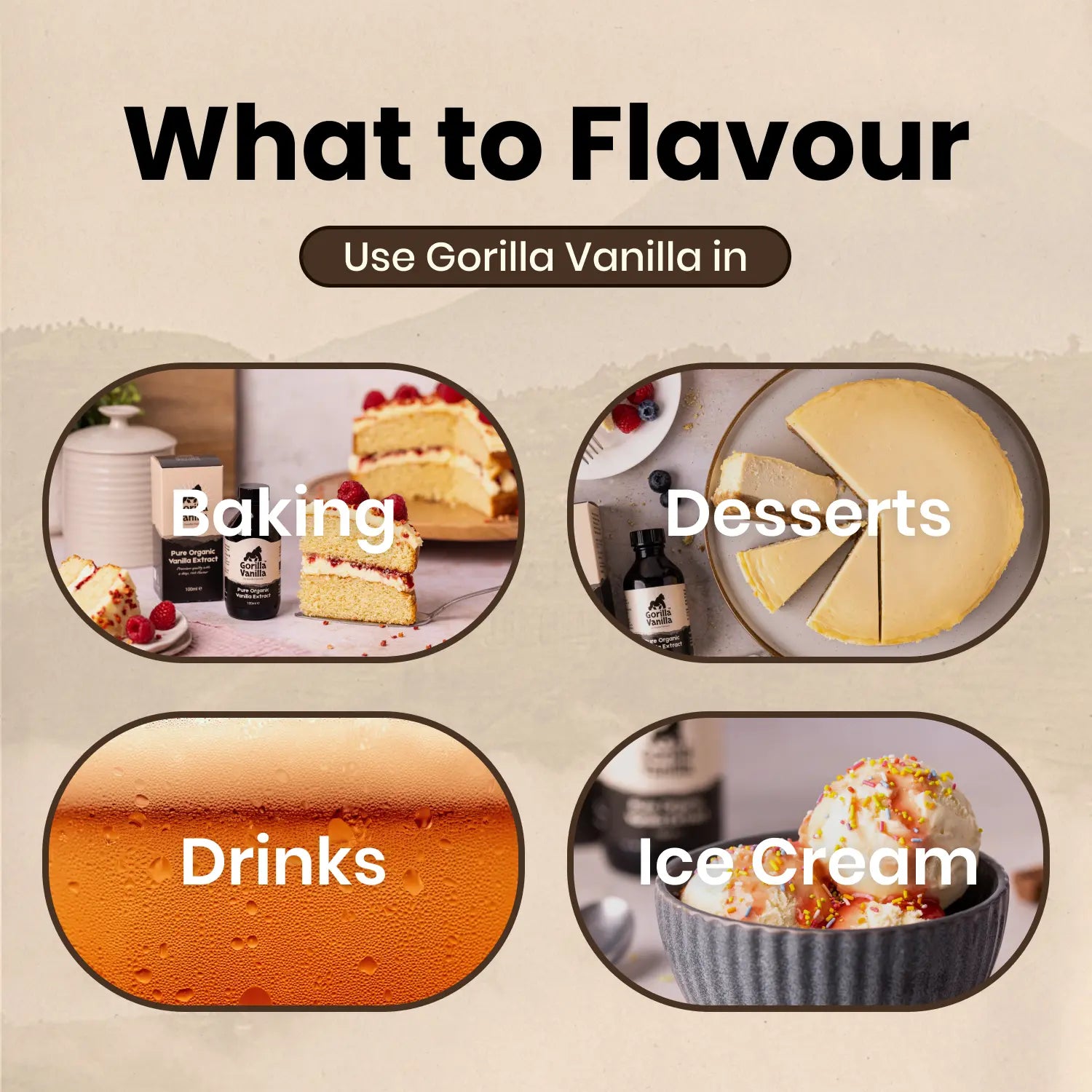 what to use gorilla vanilla, organic vanilla extract in: baking, desserts, drinks, ice cream.