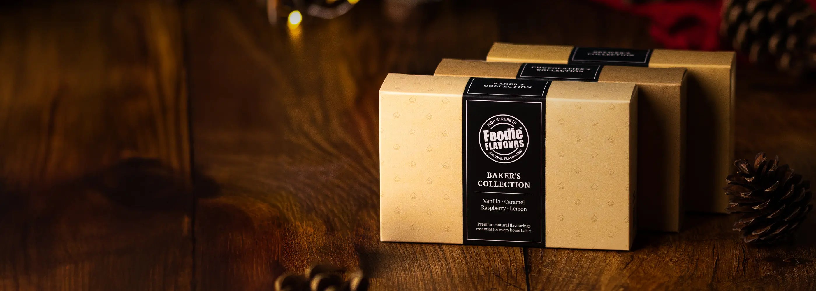 Foodie Flavours gift collections, gift boxed sets of natural flavourings for bakers, brewers and chocolatiers. Warm festive scene