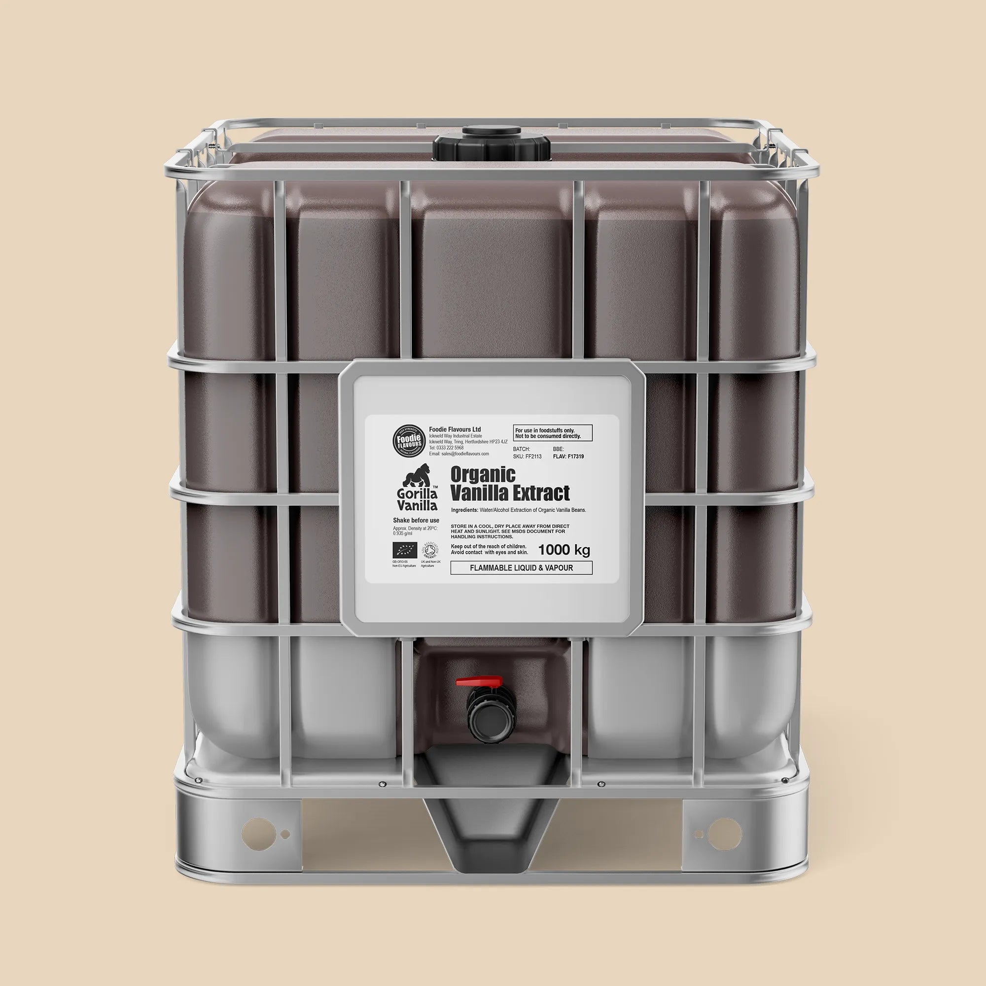 1000kg IBC of Organic vanilla extract. Bulk vanilla extract for food production.
