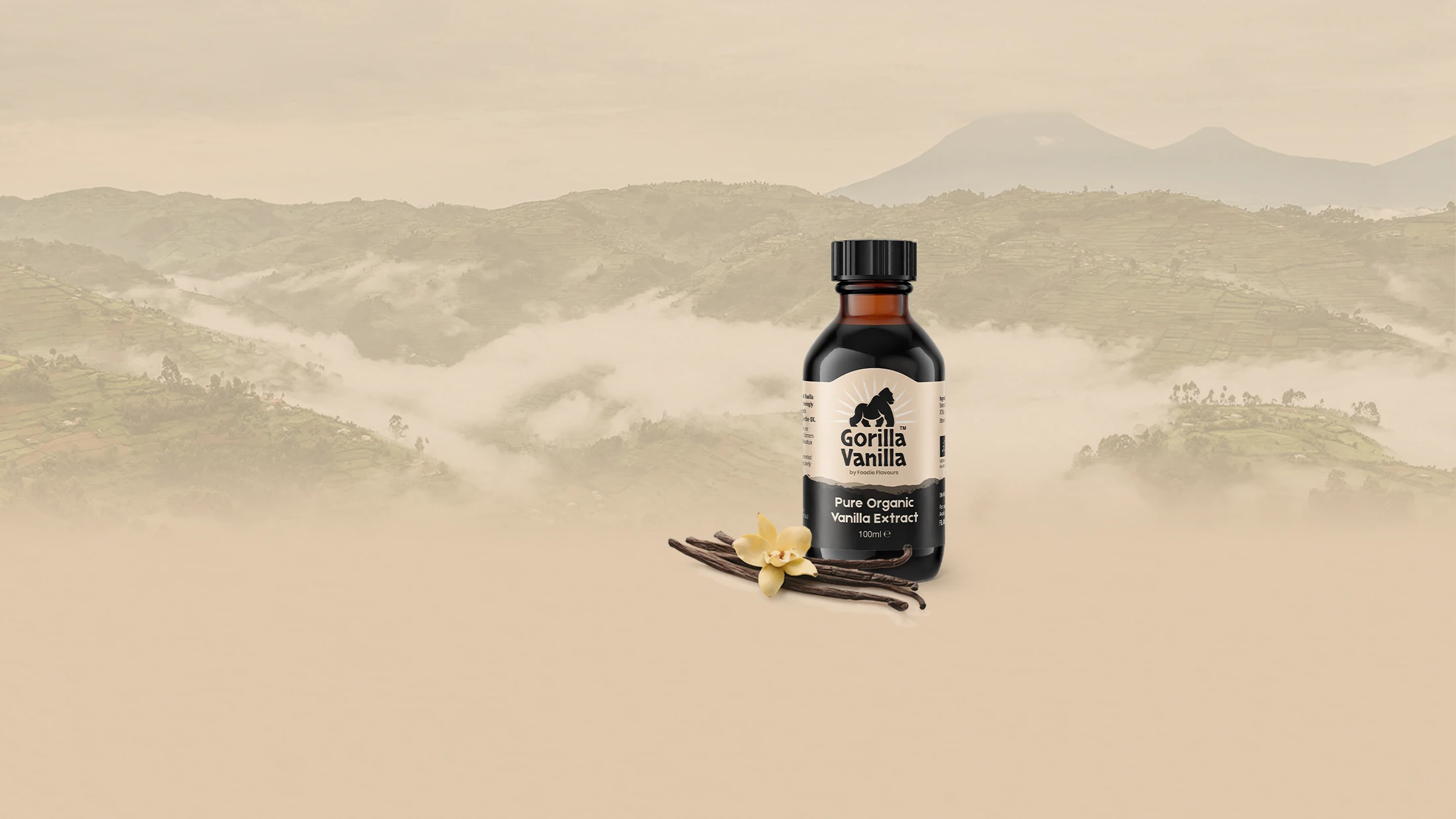 Glass bottle of Gorilla Vanilla, organic vanilla extract with a vanilla flower and pods. In the background are the Ugandan mountains.