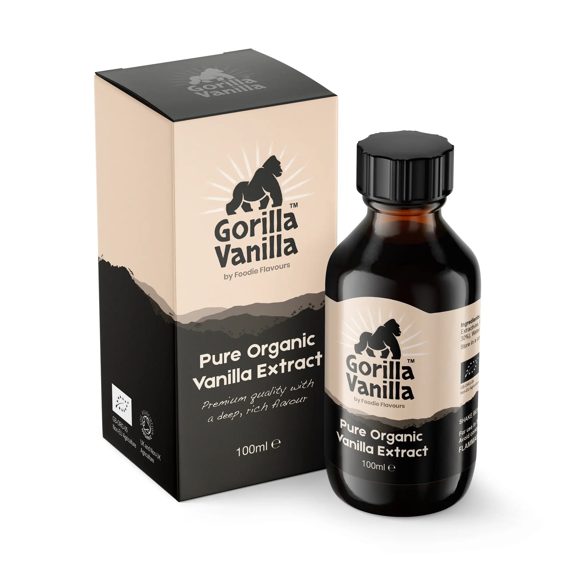 Glass bottle of Gorilla Vanilla, Organic Vanilla Extract. With a retail carton