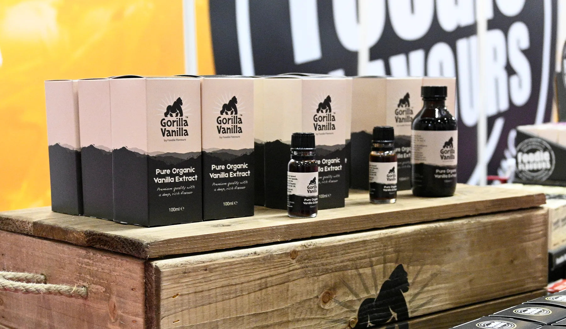 Retail display of Gorilla Vanilla, organic vanilla extract