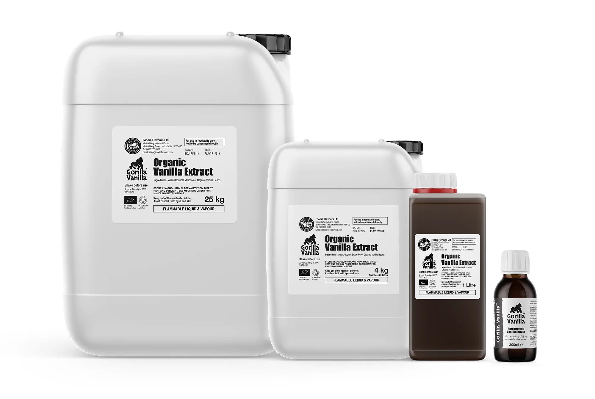 Containers of organic vanilla extract in various sizes: 200ml, 1L, 4kg, 25kg.
