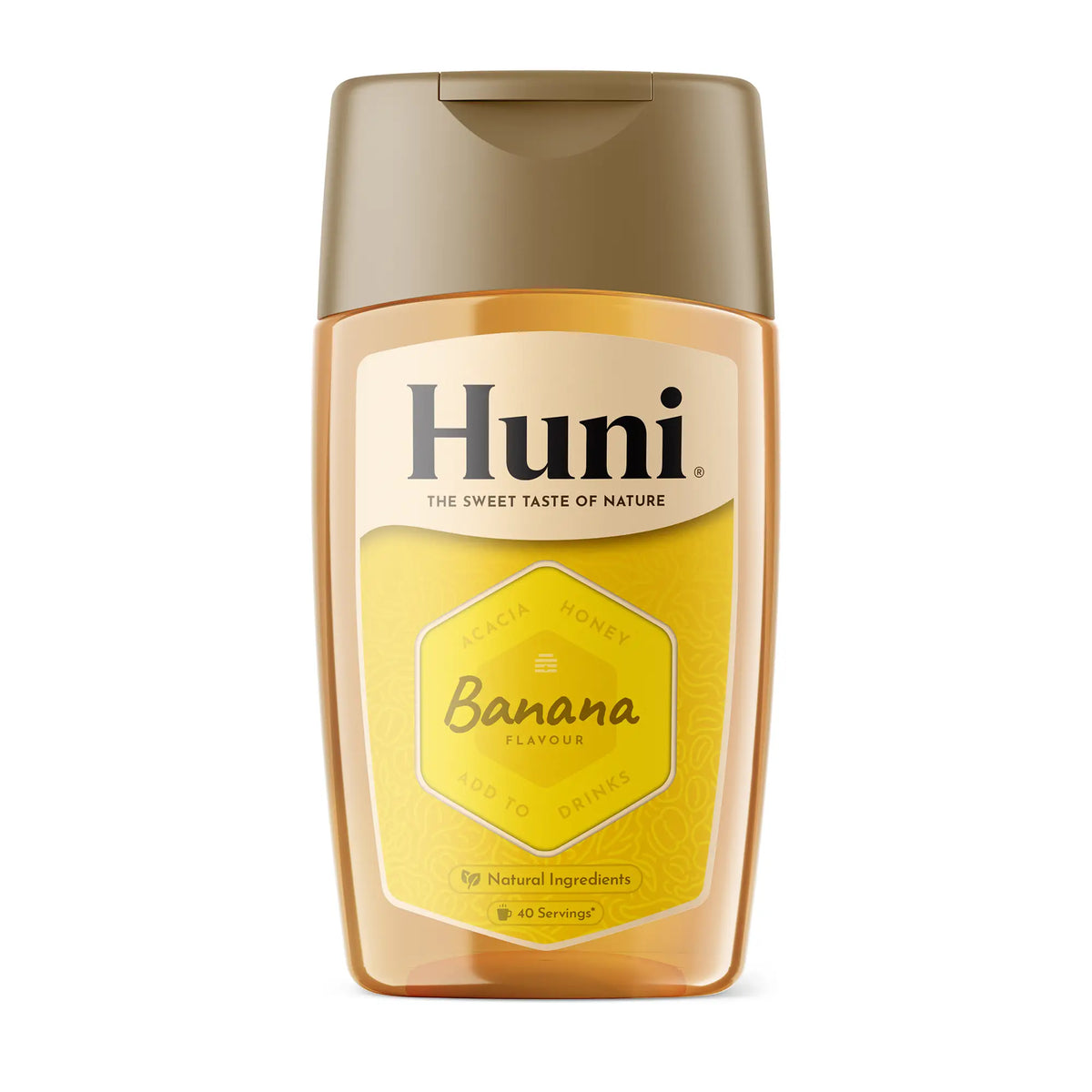 A 200ml squeezy bottle of Banana Huni. Natural Banana Flavoured honey syrup on a plain white background. The bottle is clear showing the yellow honey with a brown cap