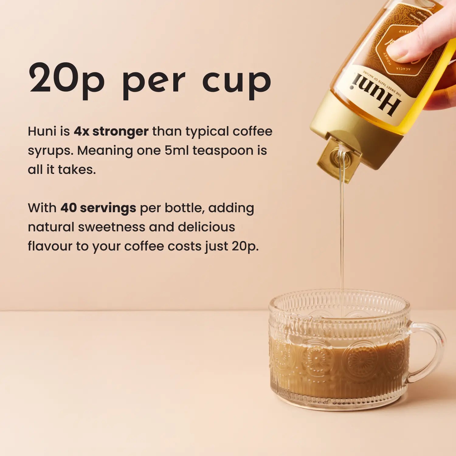 Huni coffee syrup being poured into a glass of coffee with text about its cost and strength.