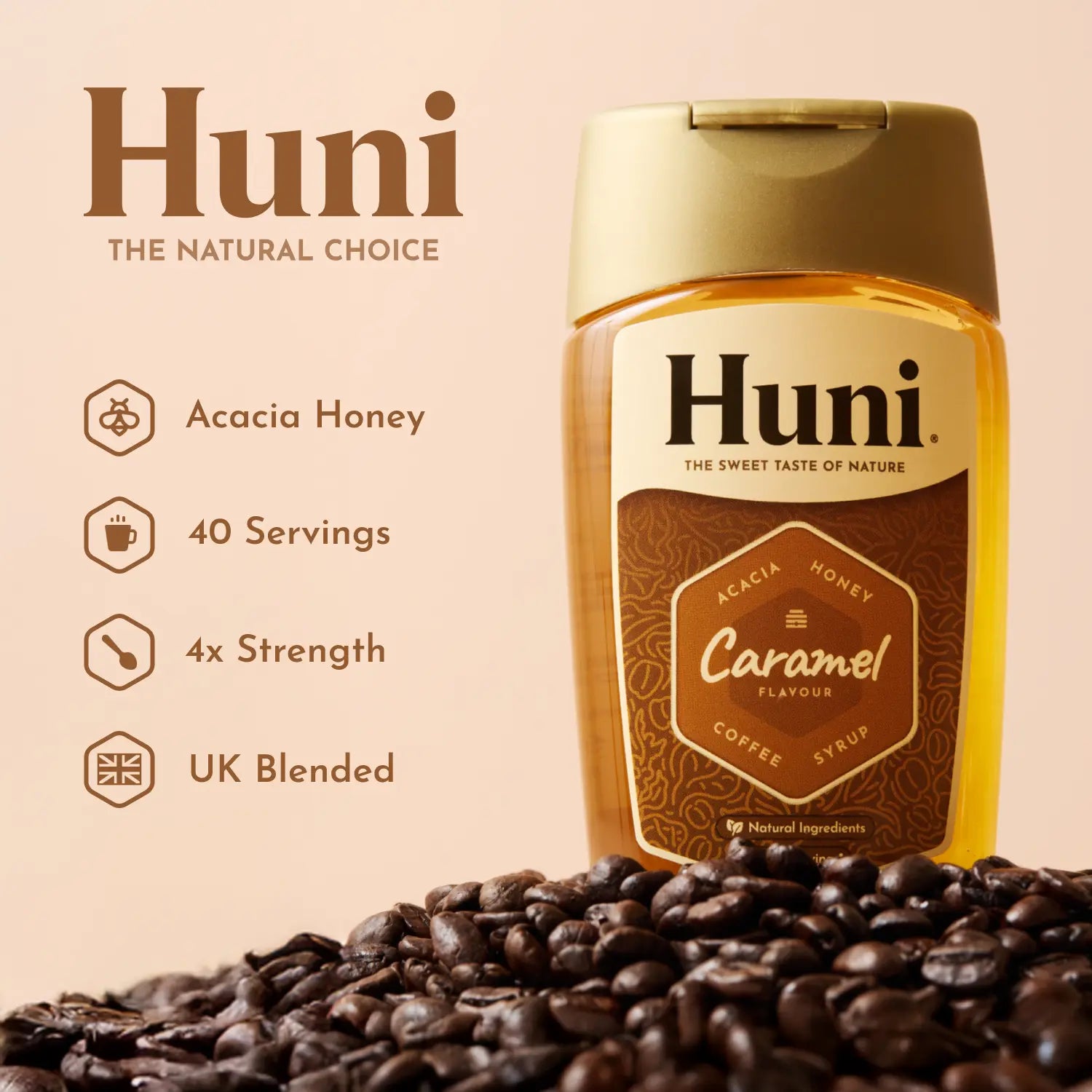 Huni, natural sweetness, natural flavour. Features: natural ingredients, acacia honey, 40 servings, 4x strength, gluten & diary free, made in the UK.