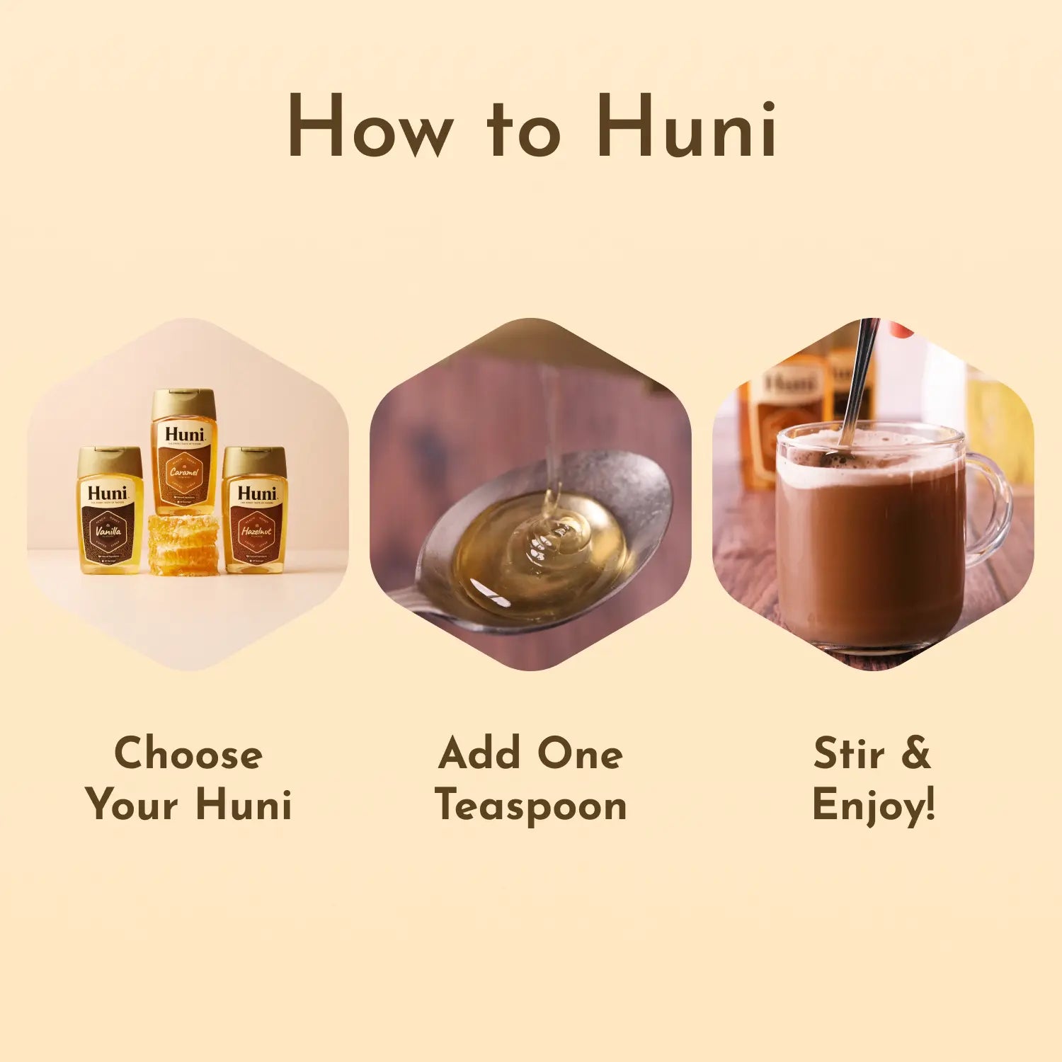 Instructions on how to use Huni product with images of bottles, add one teaspoon to a cup of coffee and stir.