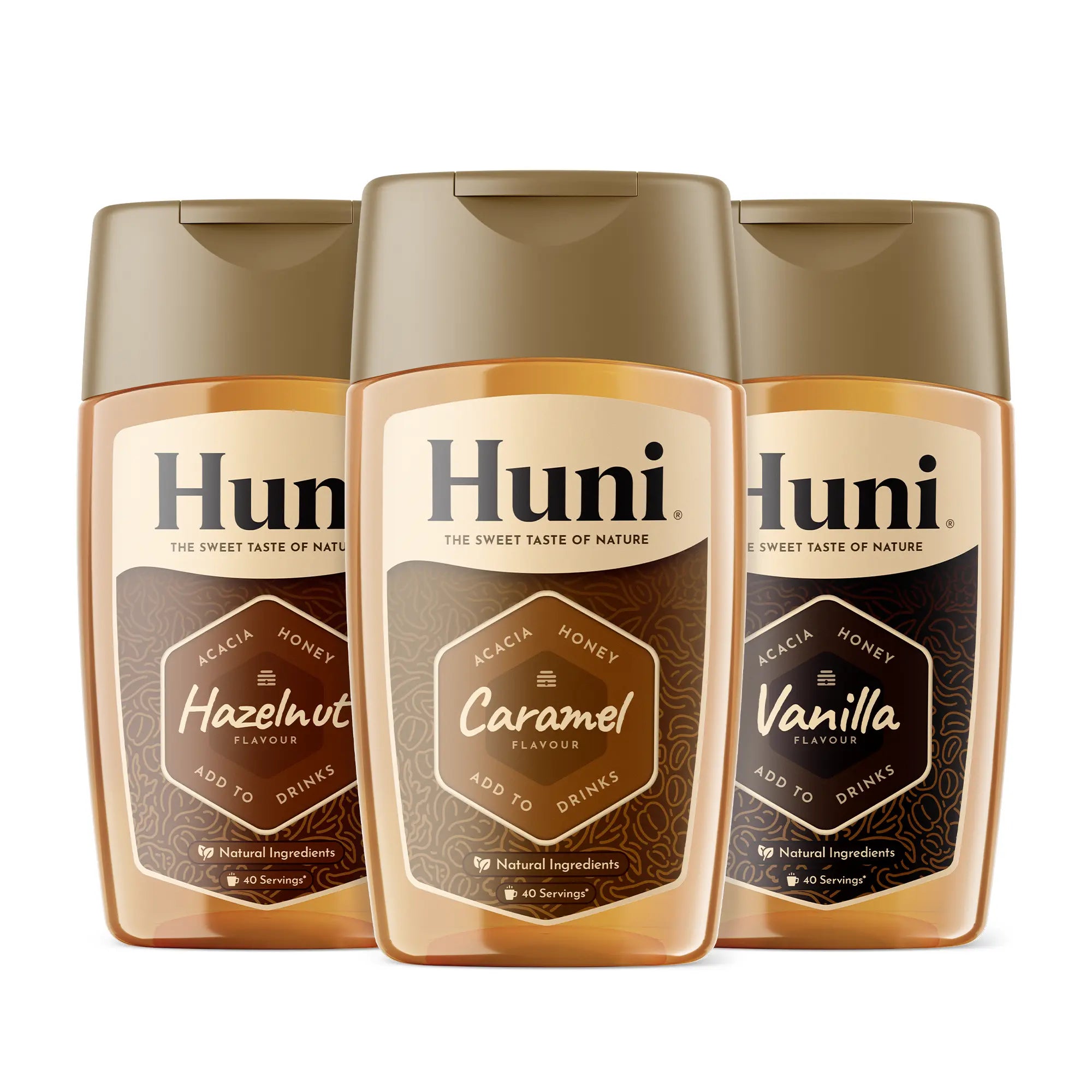 Three bottles of Huni Natural coffee syrup. Caramel, Vanilla and Hazelnut flavours.