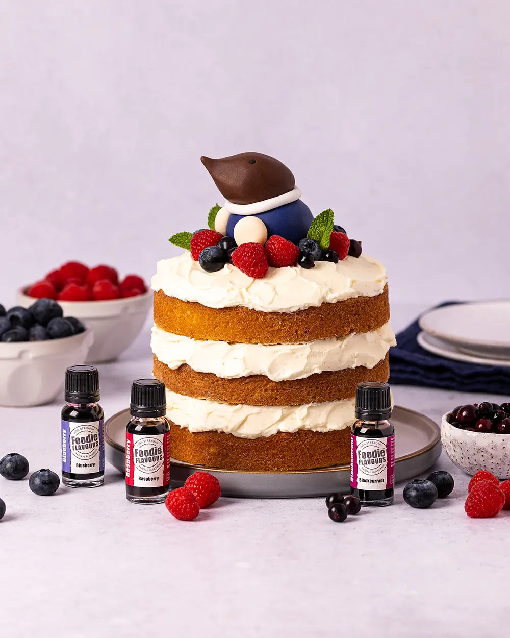 Layered cake with berries topped with a fondant mole figure, surrounded by natural flavouring bottles and a children's storybook on a light background