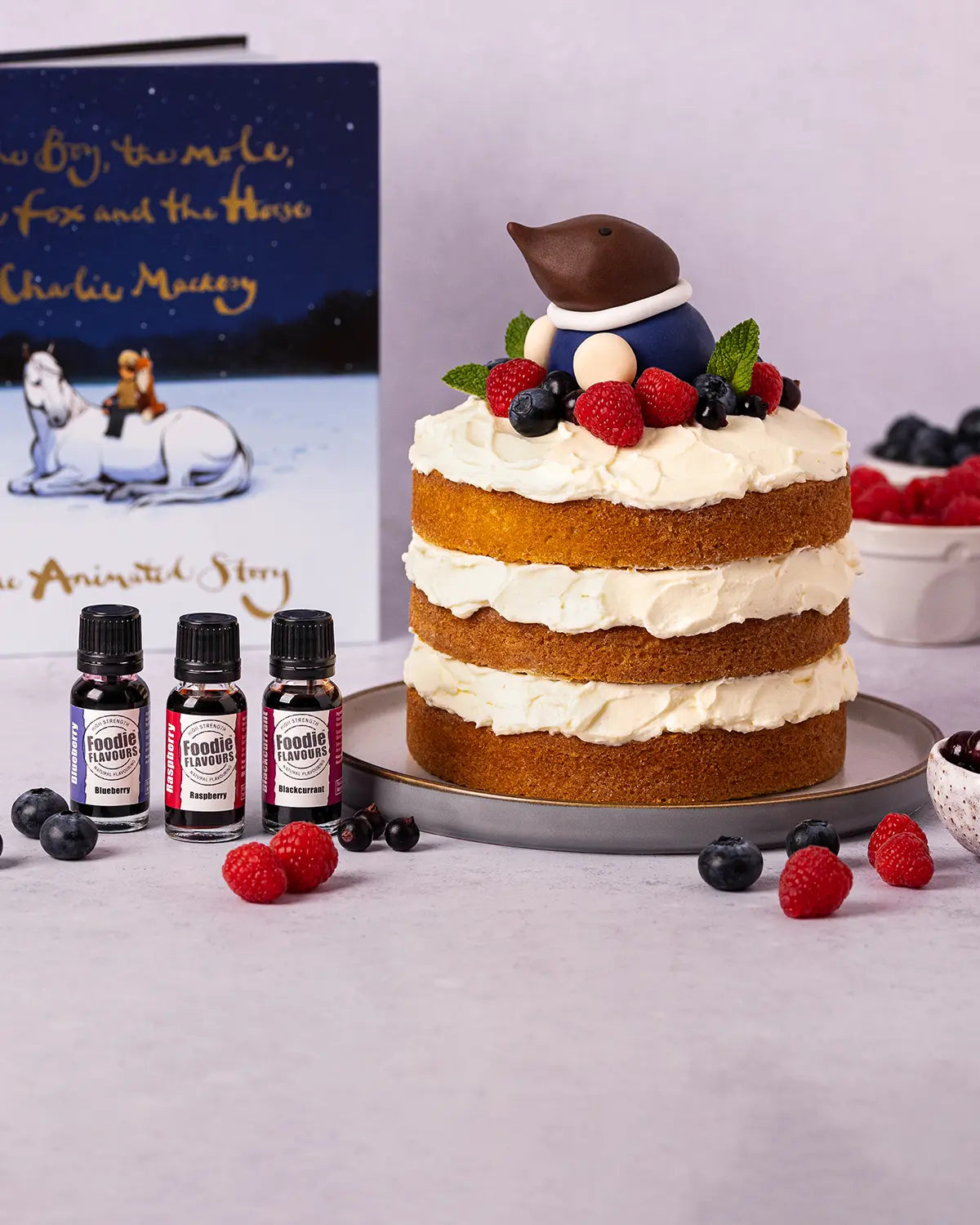 Layered cake with berries topped with a fondant mole figure, surrounded by natural flavouring bottles and a children's storybook on a light background