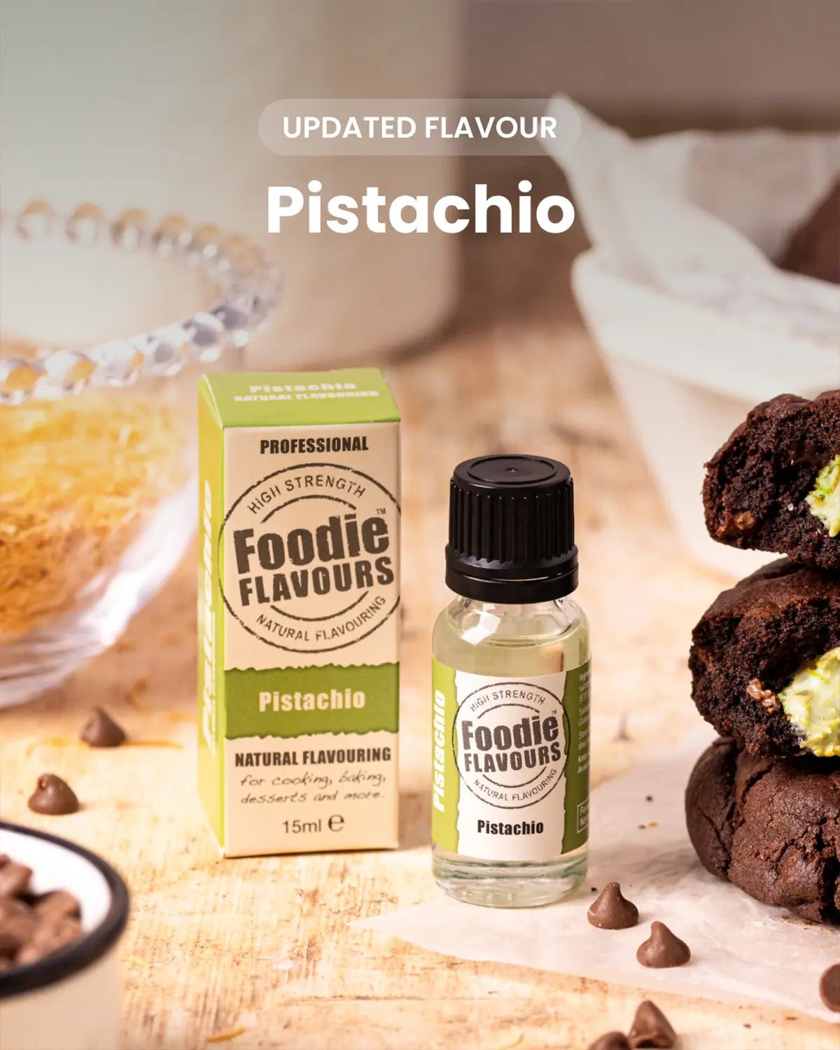 Pistachio Natural Flavouring, glass bottle of foodie flavours natural food flavouring, baking environment