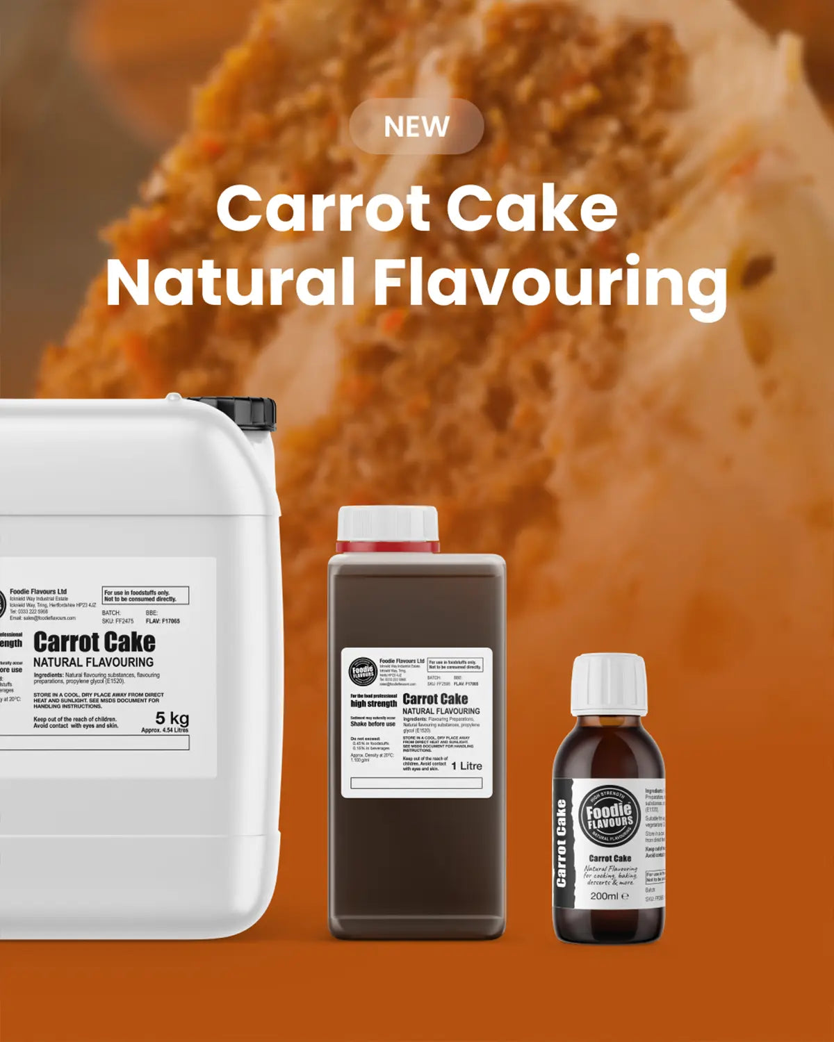 Carrot cake natural food flavourings in 200ml, 1 Litre and 5kg containers
