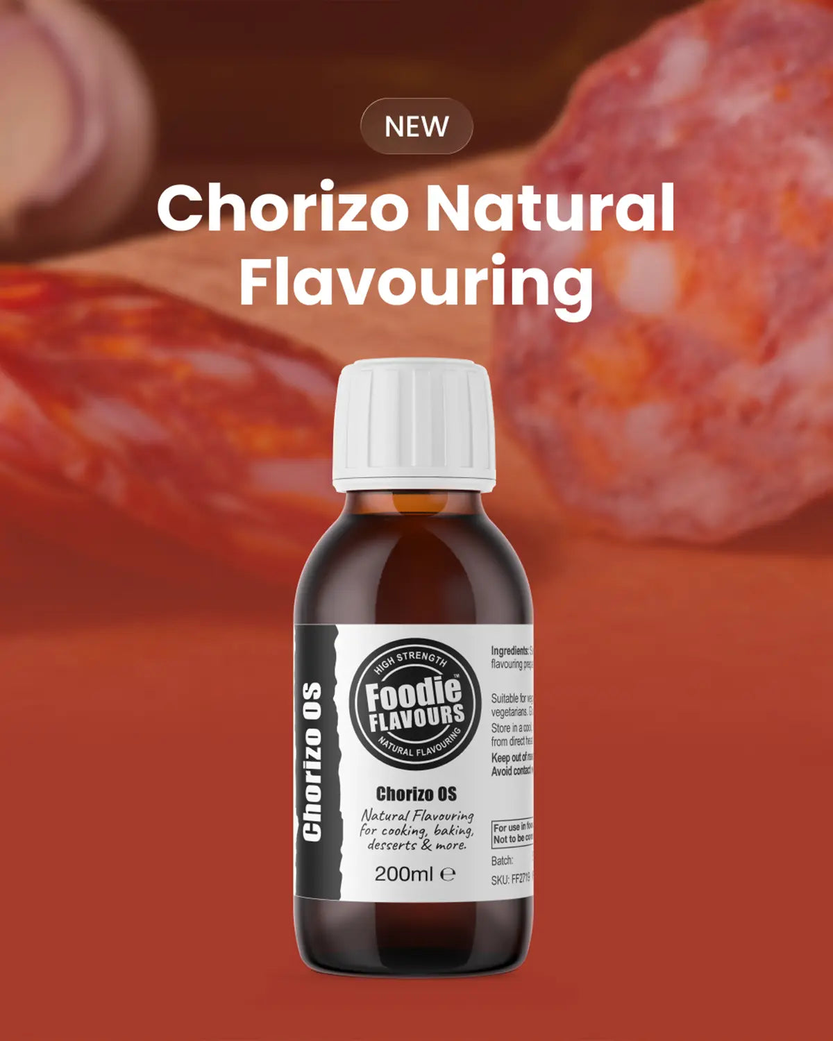Chorizo Natural food flavouring, 200ml bottle, chorizo spicy Spanish sausage slices in the background.