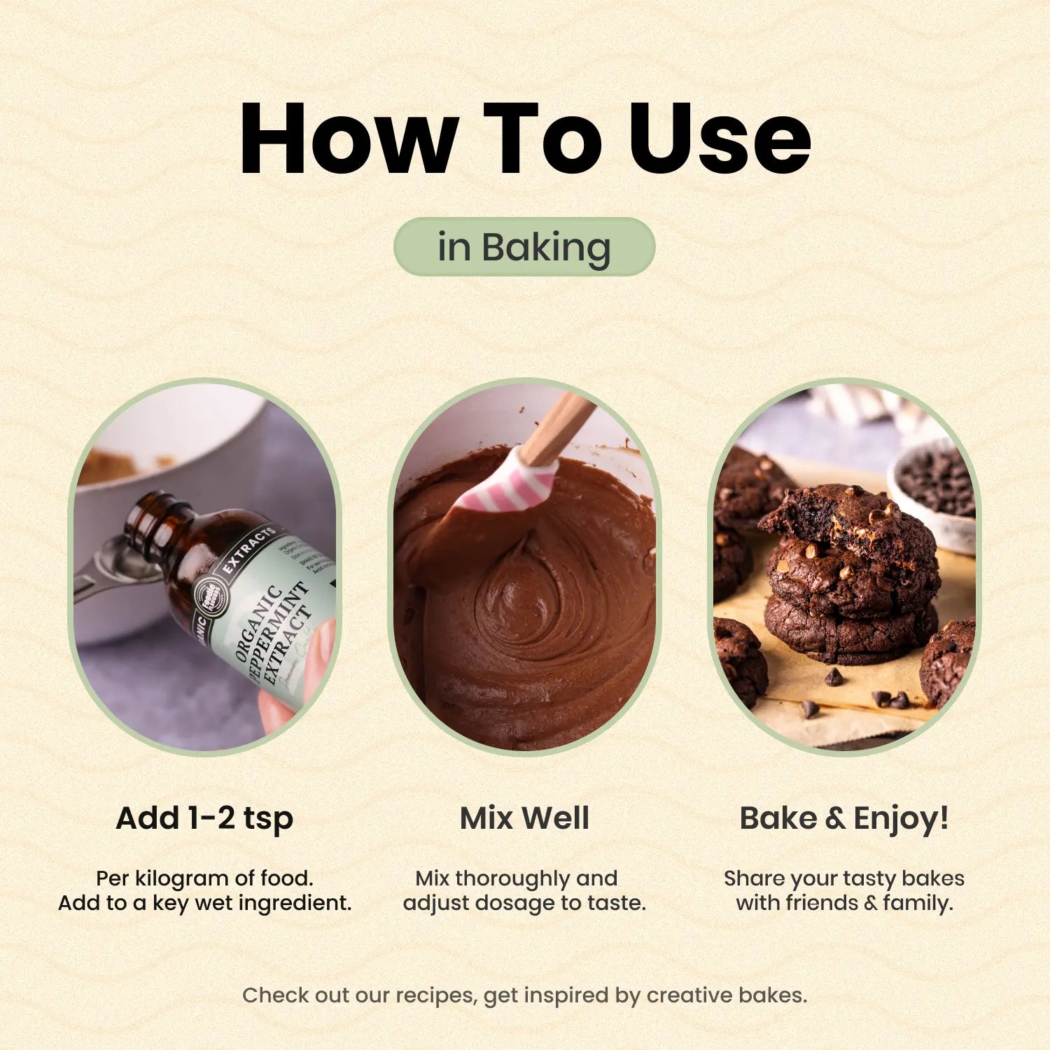 Instructions on how to use an organic peppermint extract in baking with images and text.