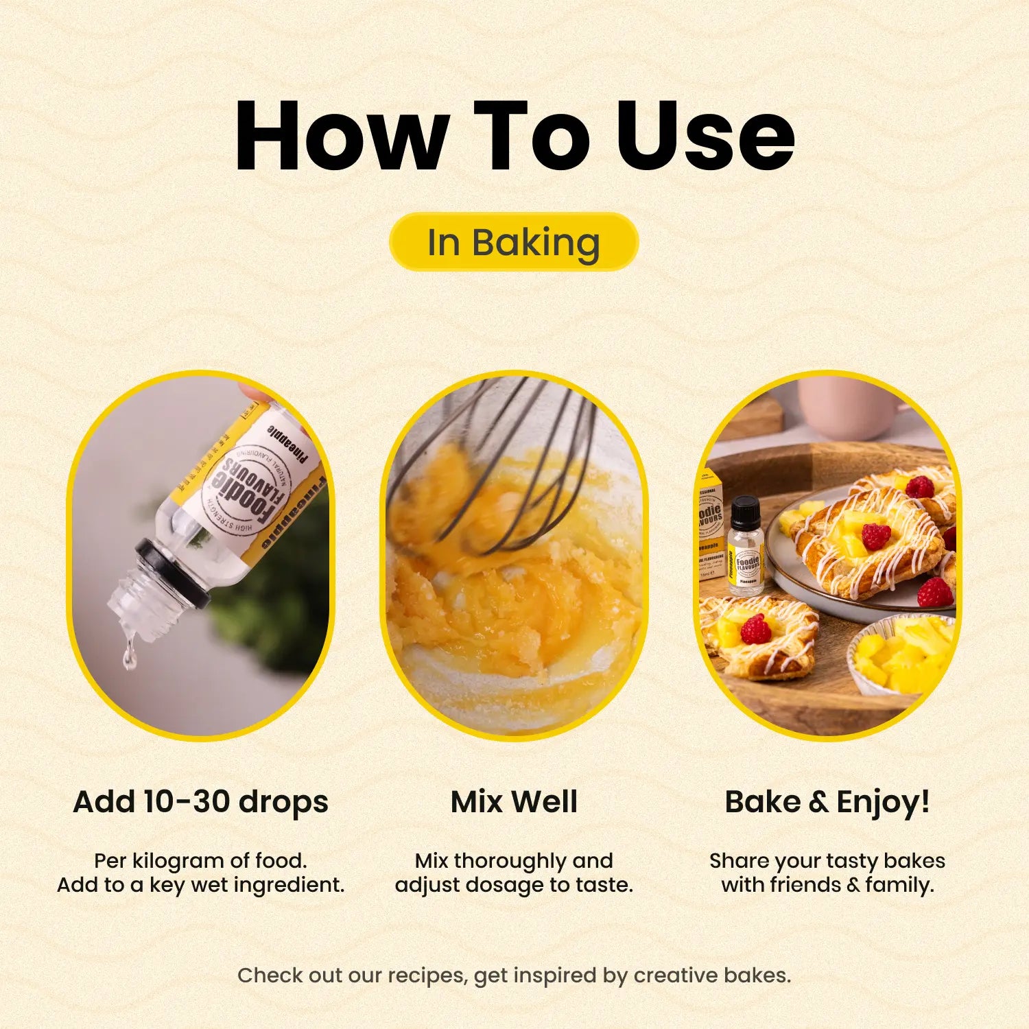 Instructions on how to use pineapple natural flavouring essence in baking with images and text.