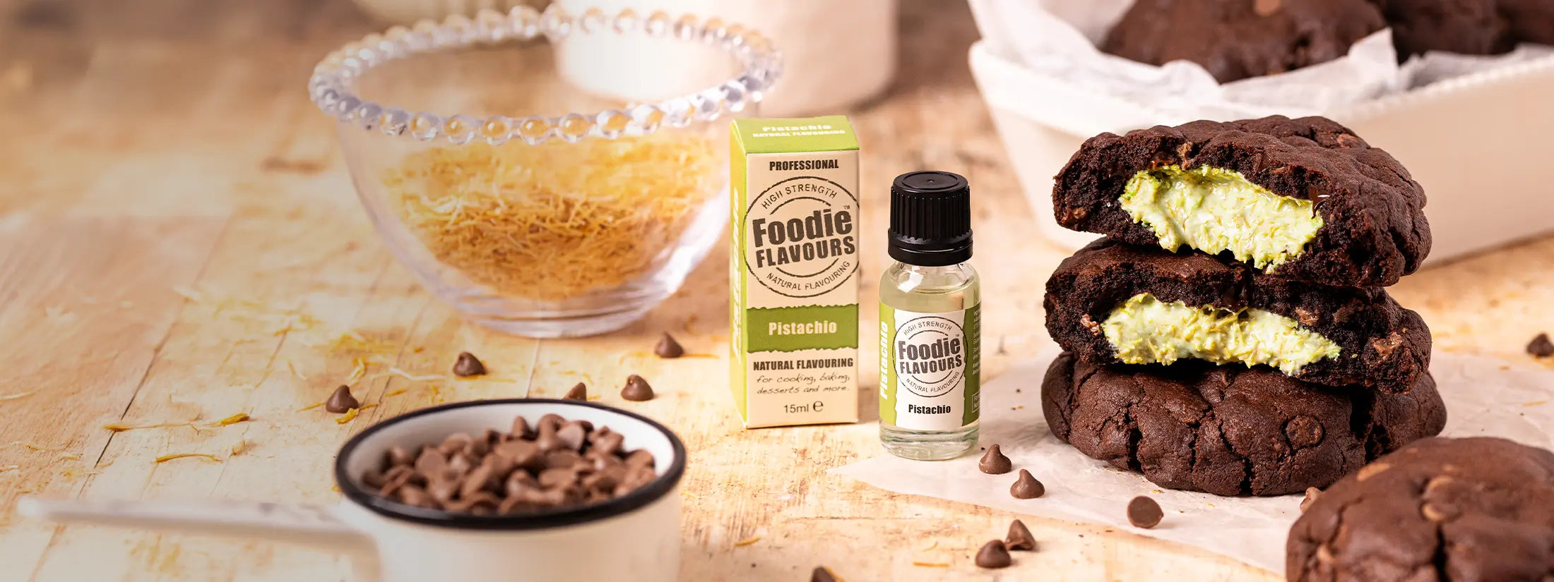 Foodie Flavours Pistachio Natural Flavouring bottle, Dubai Chocolate Chip Cookies with pistachio flavoured filling