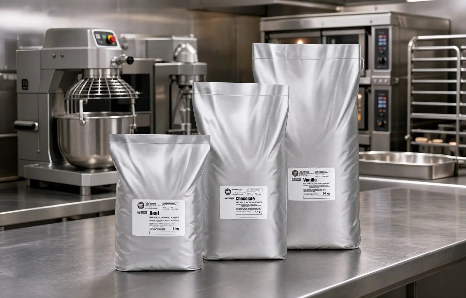 Three large bags of flavouring powders on a catering kitchen table with baking equipment in the background
