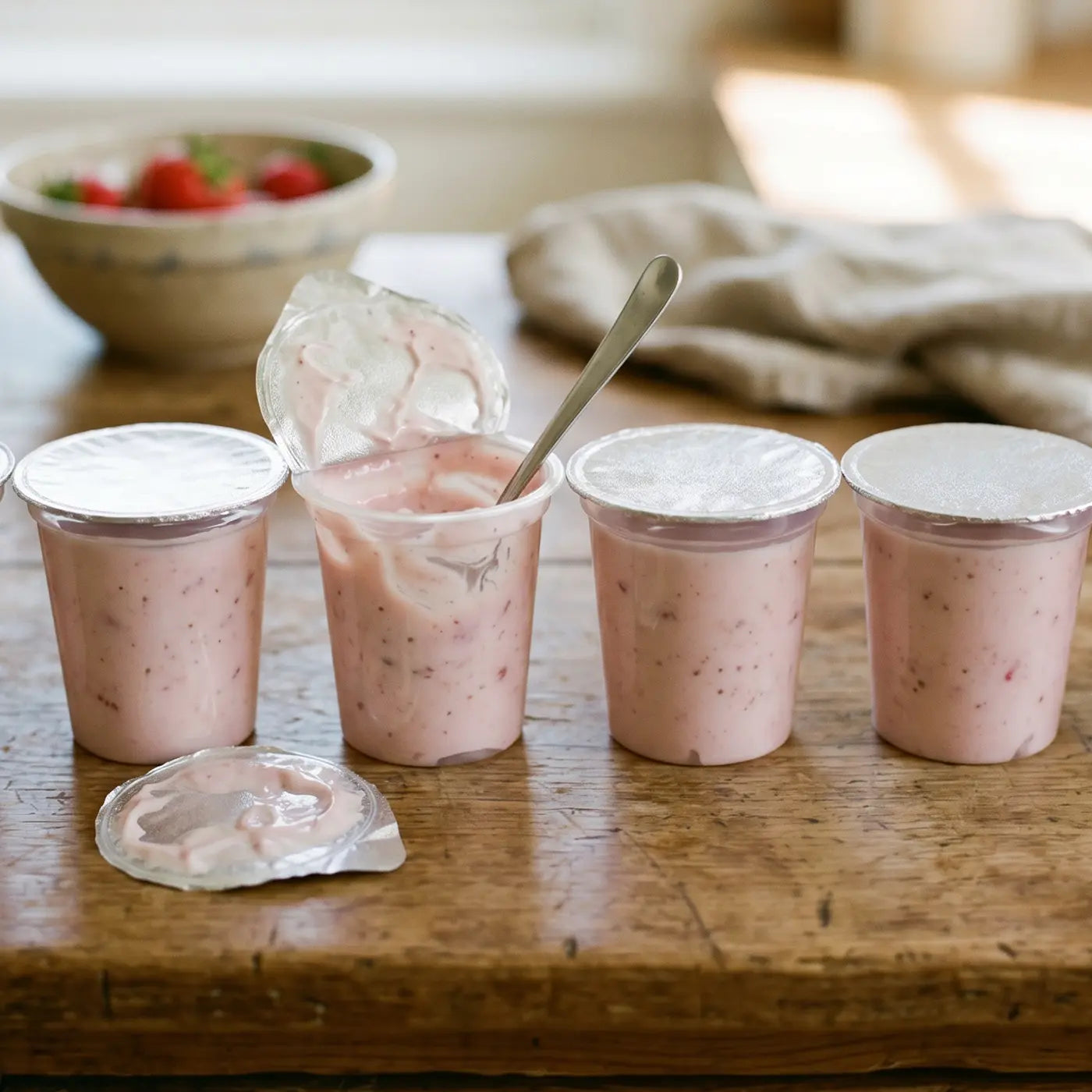 Four small containers of pink strawberry flavoured yogurt with lids on a wooden surface. Food product development