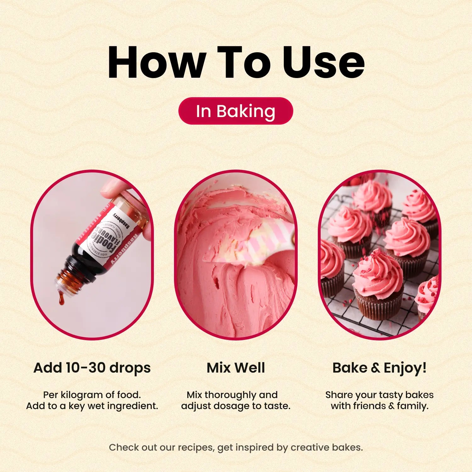 Instructions on how to use a natural raspberry food flavouring in baking with images and text.