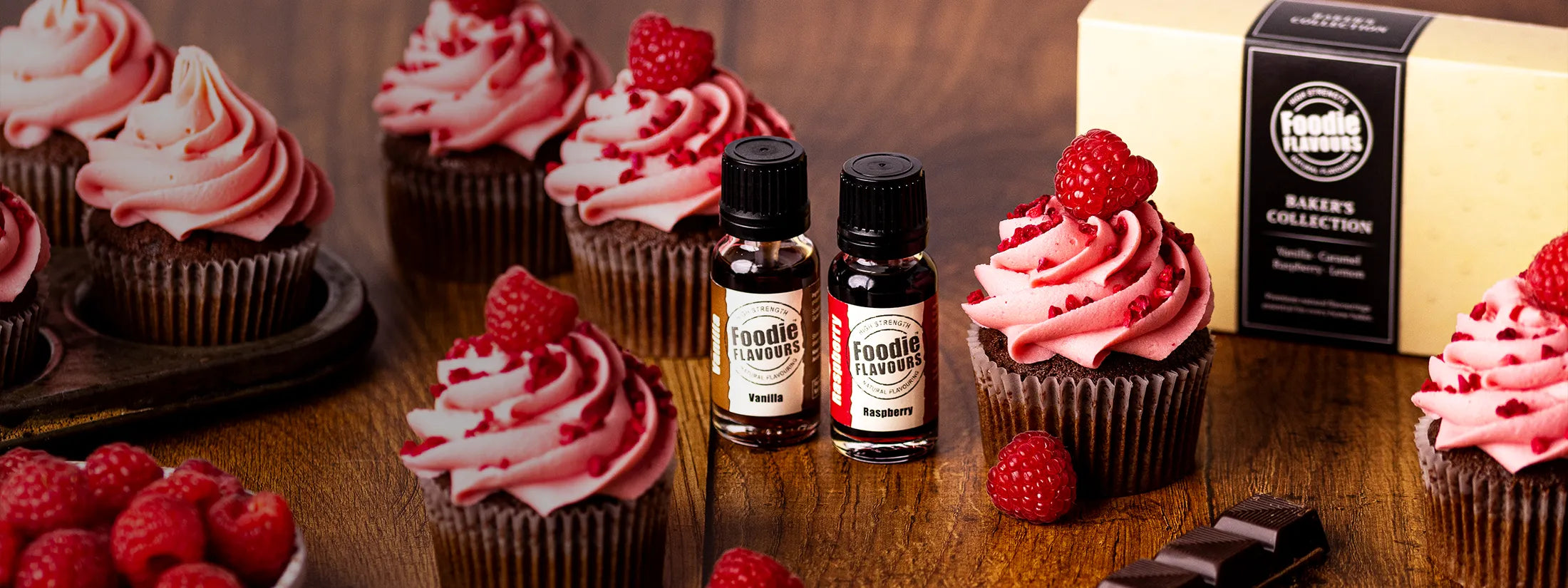 Raspberry Natural Food Flavouring bottle, raspberry and vanilla flavoured cupcakes