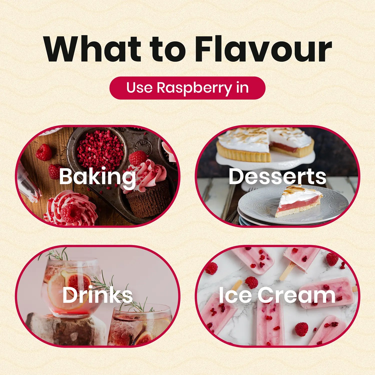Use raspberry flavouring for baking, desserts, drinks, ice cream