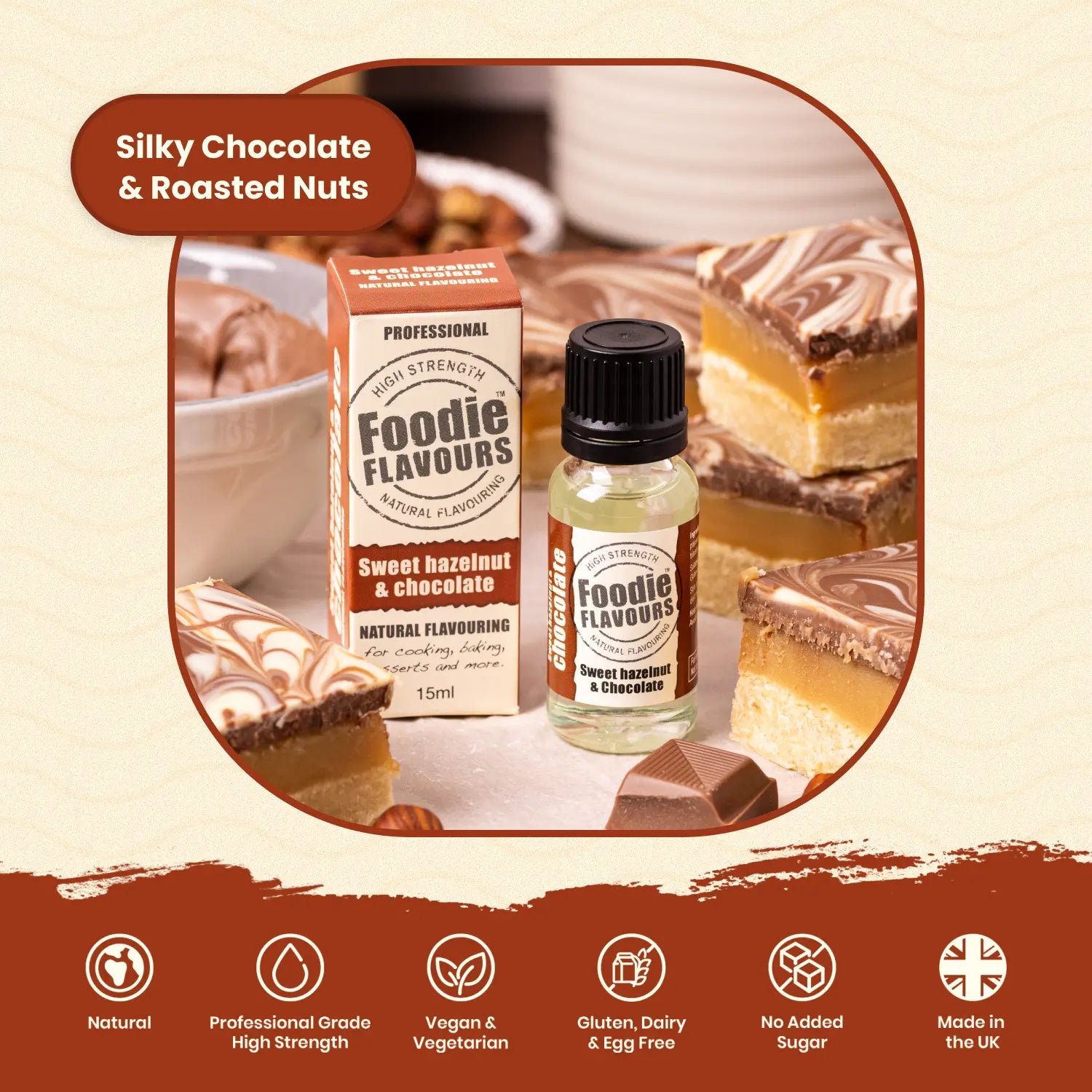 Foodie Flavours sweet hazelnut & chocolate flavoring bottle with packaging on a dessert background