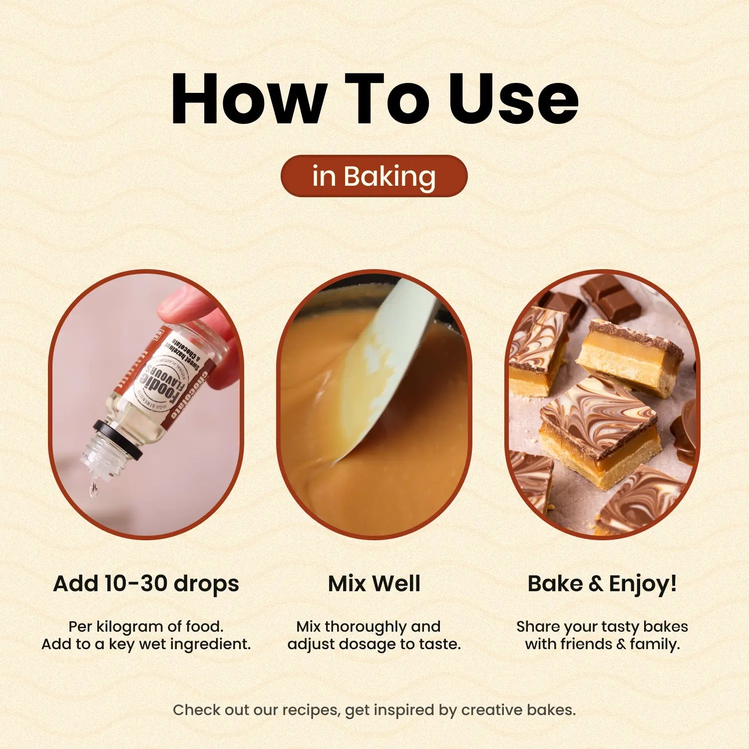 Instructions on how to use sweet hazelnut & chocolate natural flavouring in baking with images and text.