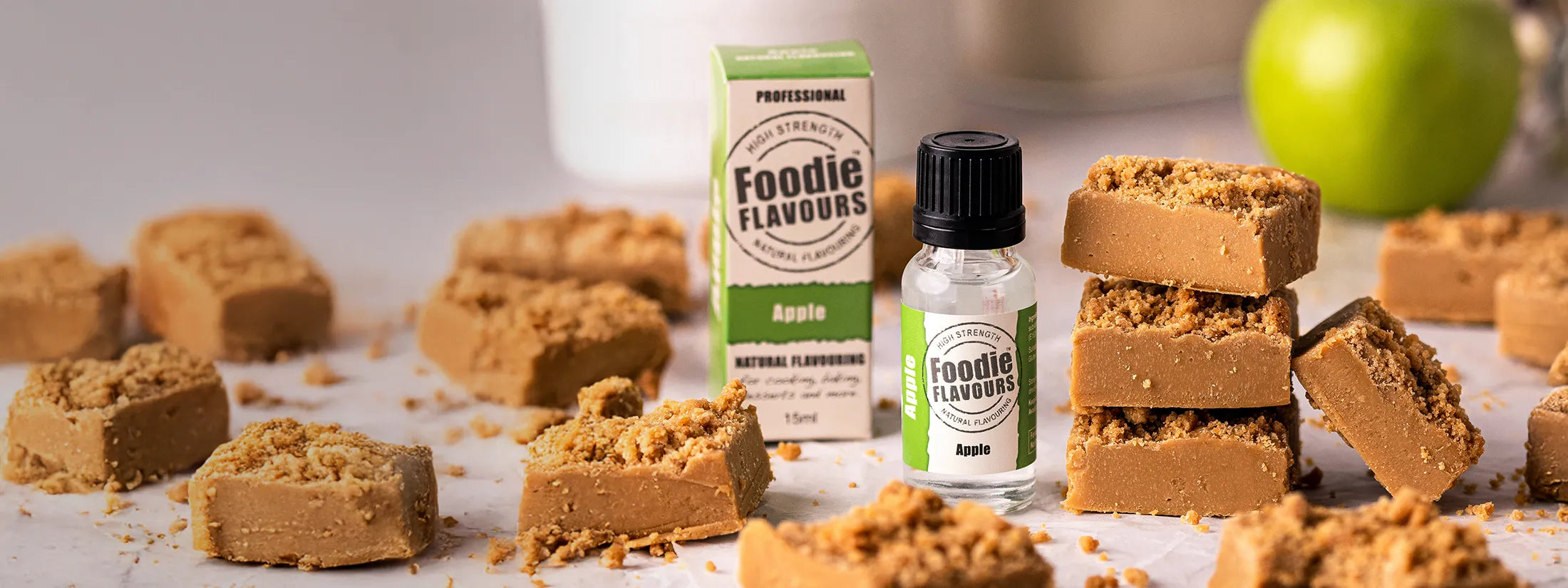Bottle of Foodie Flavours Apple Natural Food Flavouring, apple flavoured apple crumble fudge pieces