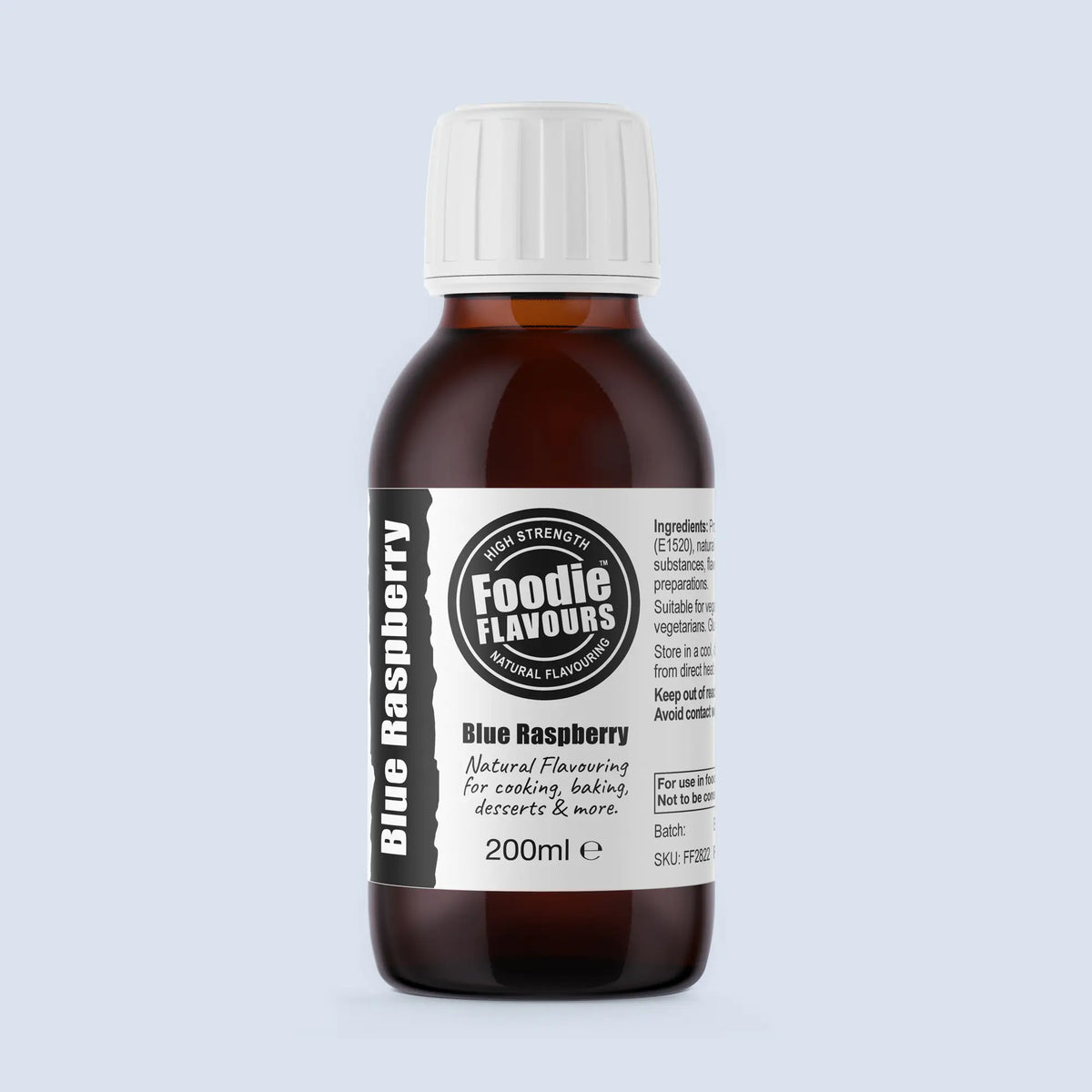 A 200ml bottle of Blue Raspberry natural flavouring from Foodie Flavours, featuring an amber plastic bottle, white cap, and a black and white label, set against a solid light blue background.