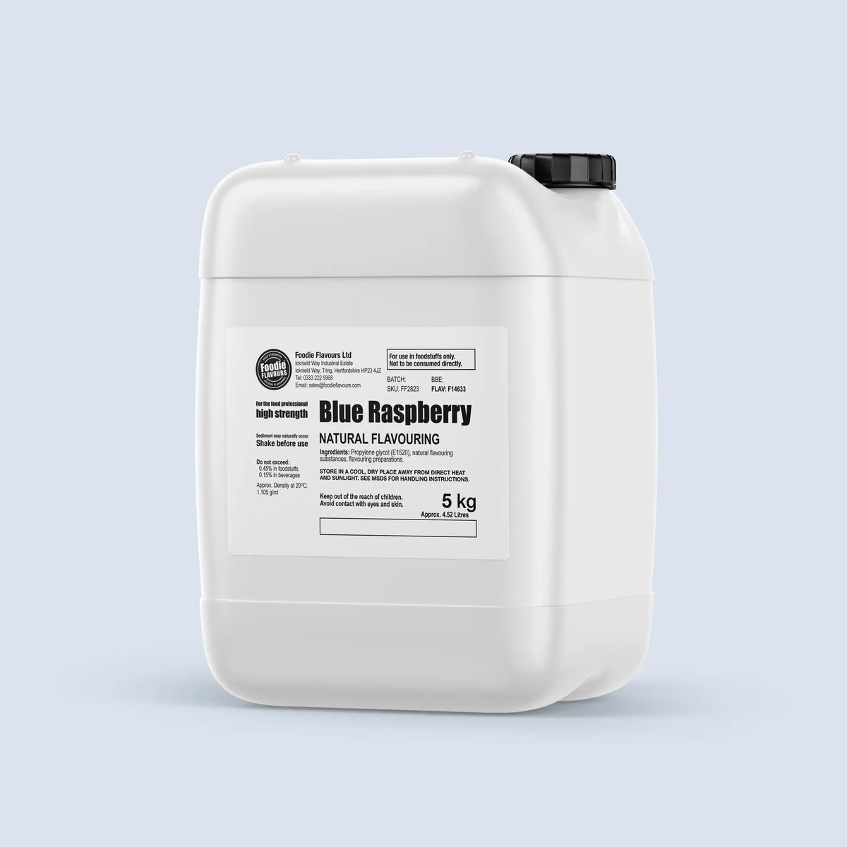 A 5 kg white plastic drum of Blue Raspberry natural flavouring with a black cap, shown on a light blue background.