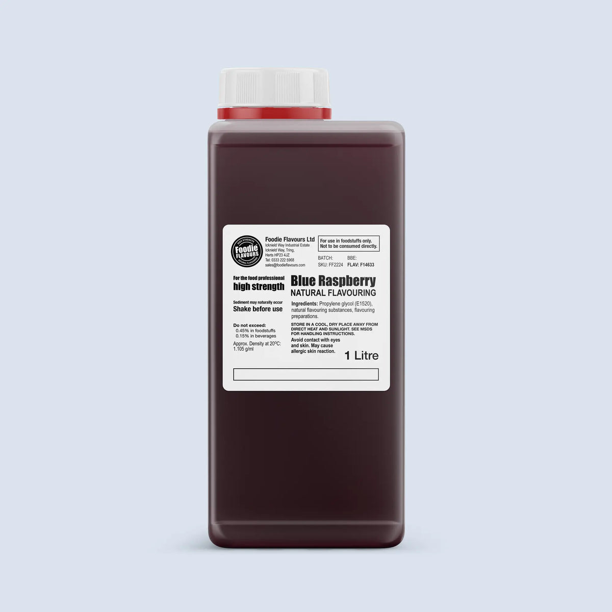 A 1 litre bottle of Blue Raspberry Flavour high strength natural flavouring, shown on a light blue-gray background.