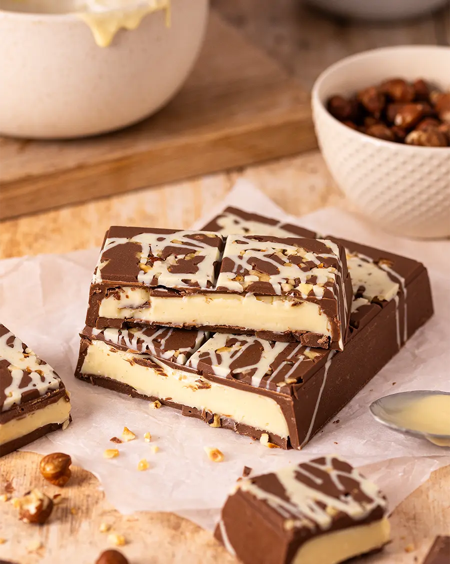 hazelnut flavoured ganache filled chocolate bar