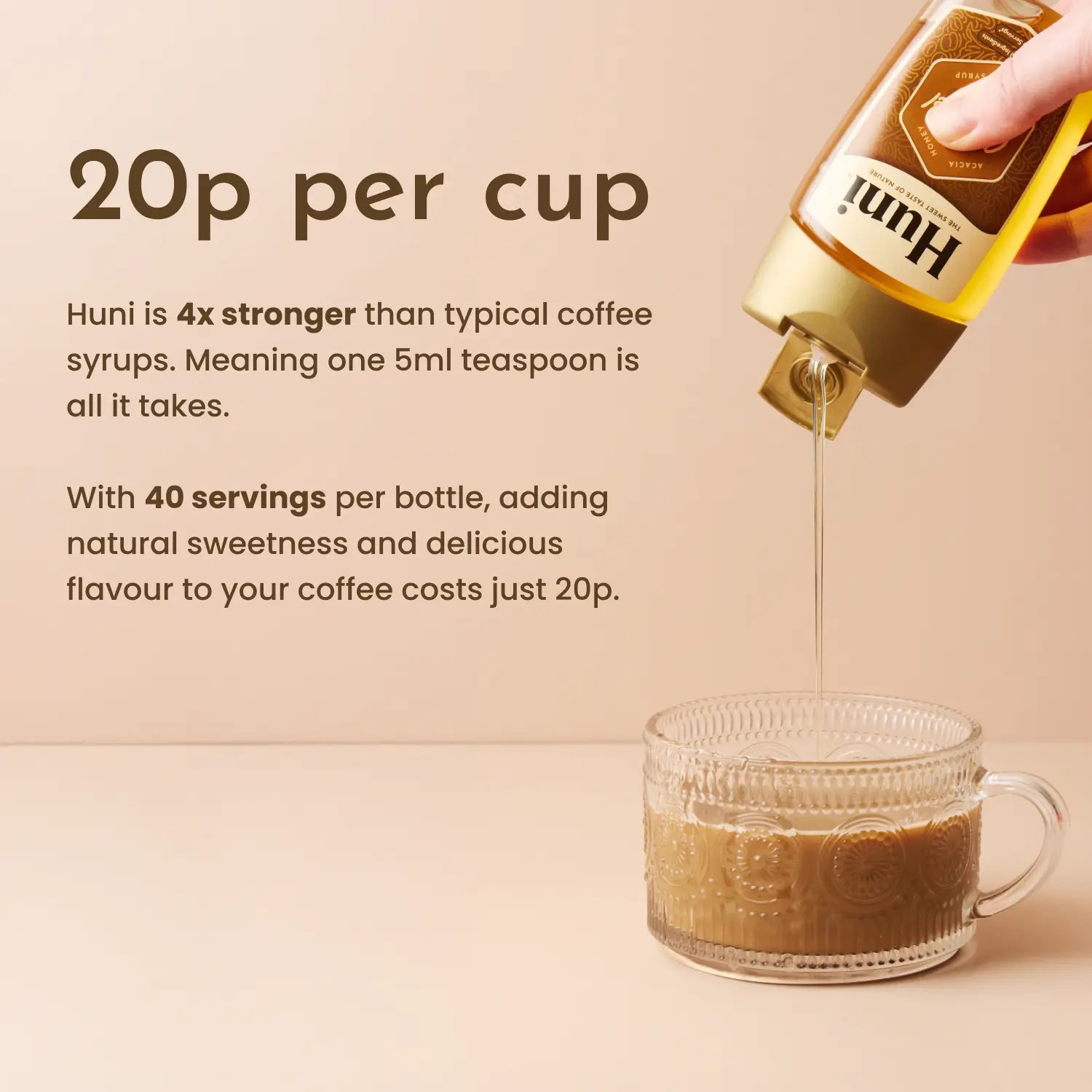 Huni coffee syrup being poured into a glass of coffee with text about its cost and strength.