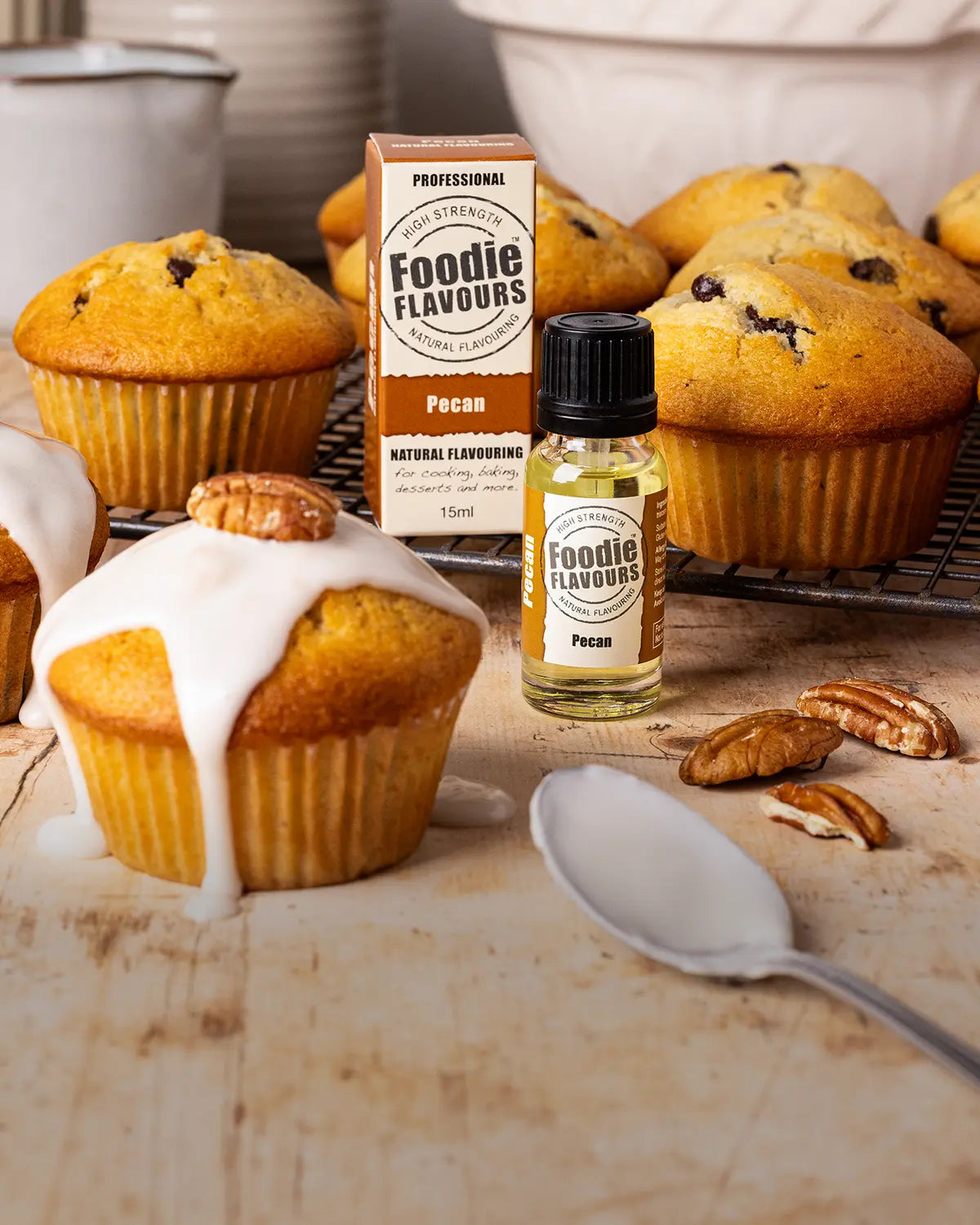 Maple and Pecan flavoured chocolate chip muffins, Glass bottle of foodie flavours' pecan natural flavouring