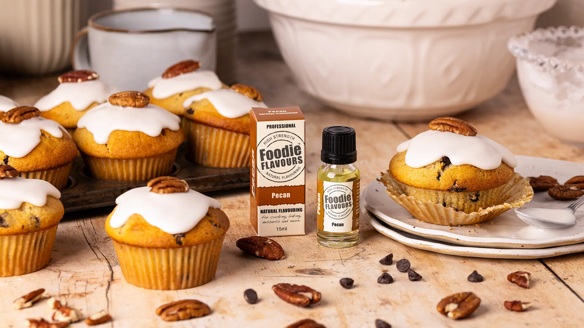 Maple and Pecan flavoured chocolate chip muffins, Glass bottle of foodie flavours' pecan natural flavouring
