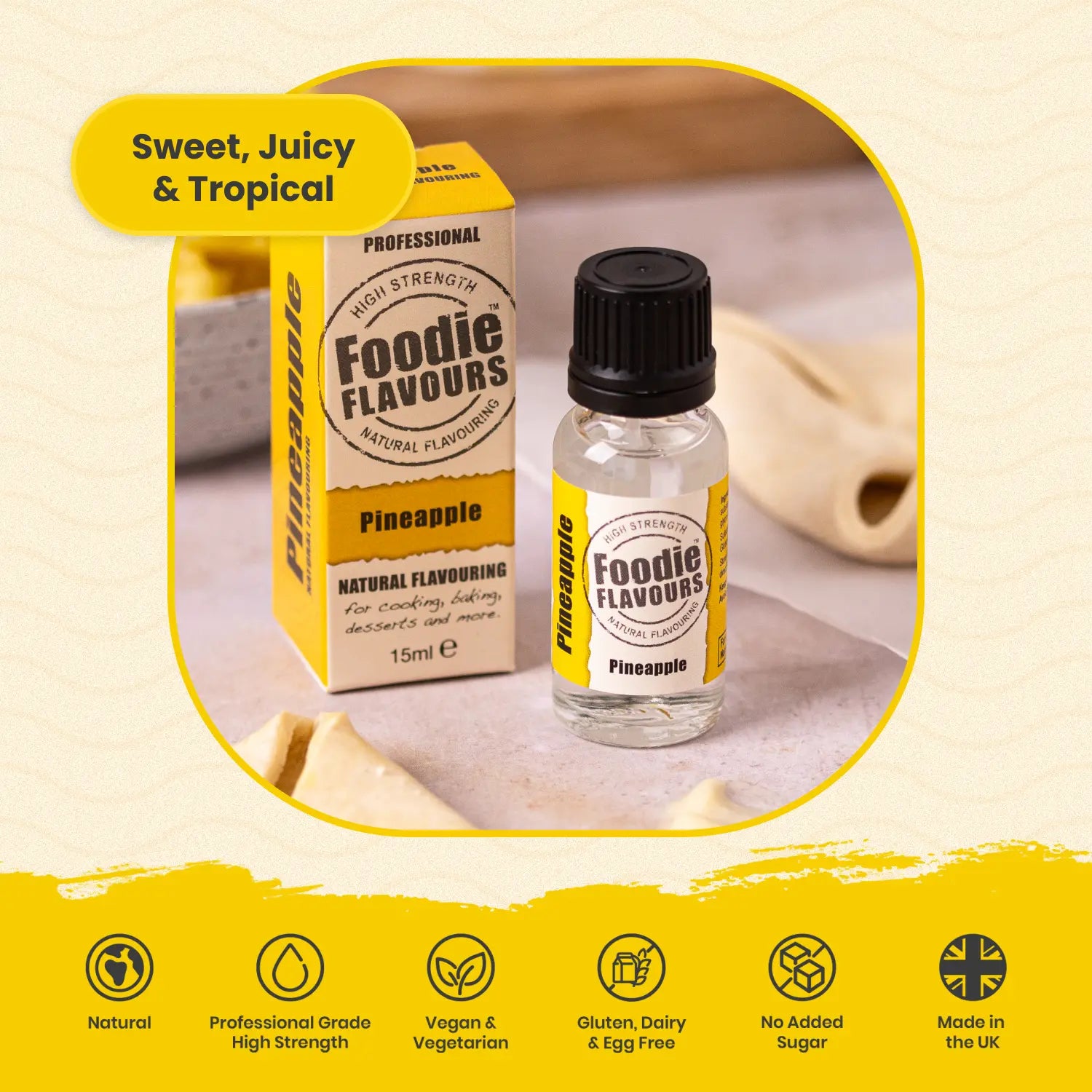 Foodie Flavours Pineapple flavouring bottle and packaging on a light background