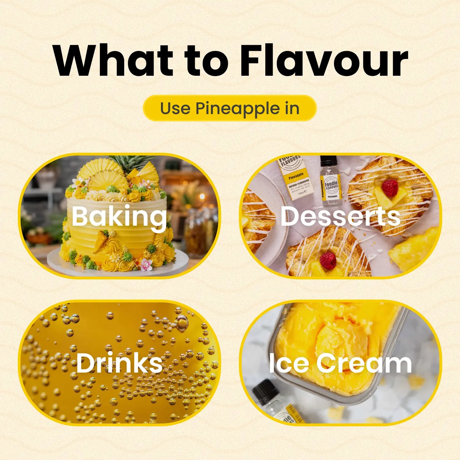 list of pineapple flavouring applications, baking, desserts, drinks, ice cream