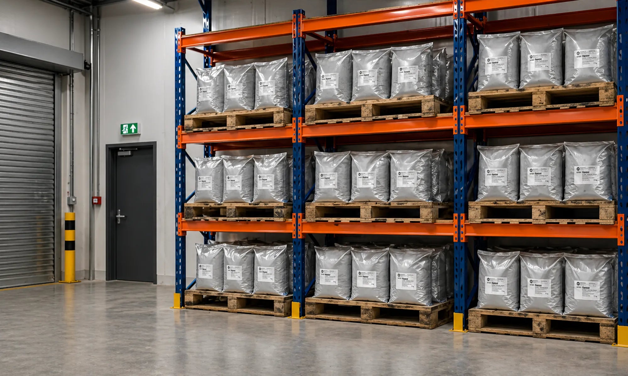 warehouse area with pallets and bags of powdered flavouring on racking