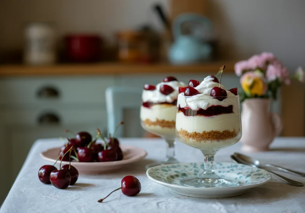 Strawberry flavoured Cheesecake in a glass with cherries